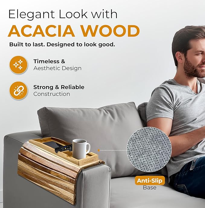 Couch Cup Holder Tray with 2 Cork Coasters, Caddy, Anti-Slip Foldable Armrest Sofa Tray, Anti-Spill Holder for Remote, Snacks, Cellphone - Ideal Gift (Acacia Wood)
