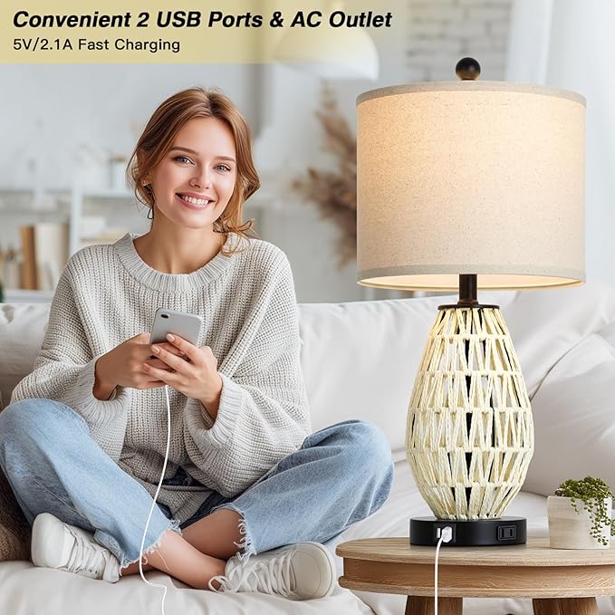 CINSARY Touch Control Rattan Table Lamps, 3 Way Dimmable Bedside Lamps for Bedroom Set of 2 with 2 USB Ports and AC Outlet, Wicker Nightstand Lamps for Living Room (LED Bulbs Included), White