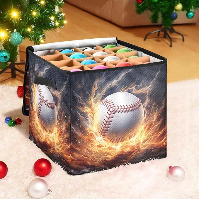 Kigai Fire Baseball Christmas Ornament Storage Box with Zipper & Adjustable Dividers Holiday Ornament Organizer Xmas Storage Container, 64 Balls
