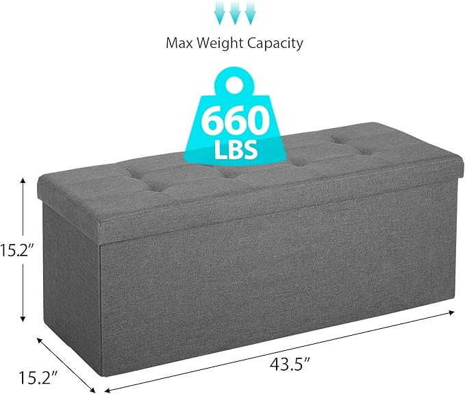 ZenStyle 43Inches Storage Ottoman Bench, Folding Footrest Padded Seat, Storage Chest Long Shoes Bench with Divider, Holds up to 660 lbs, for Living Room, Entryway, Bedroom, Light Gray