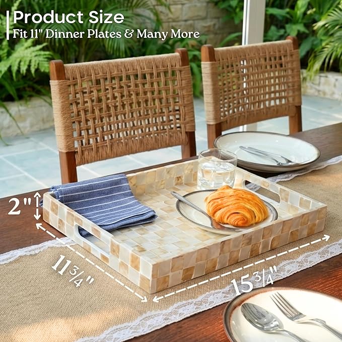 CHI AN HOME Decorative Checkered Tray with Handles, Handmade Tray with Natural Capiz Shells, Serving Tray for Ottoman, Coffee Table, Kitchen Counter Home Decor (Ivory, 15.8" x 11")