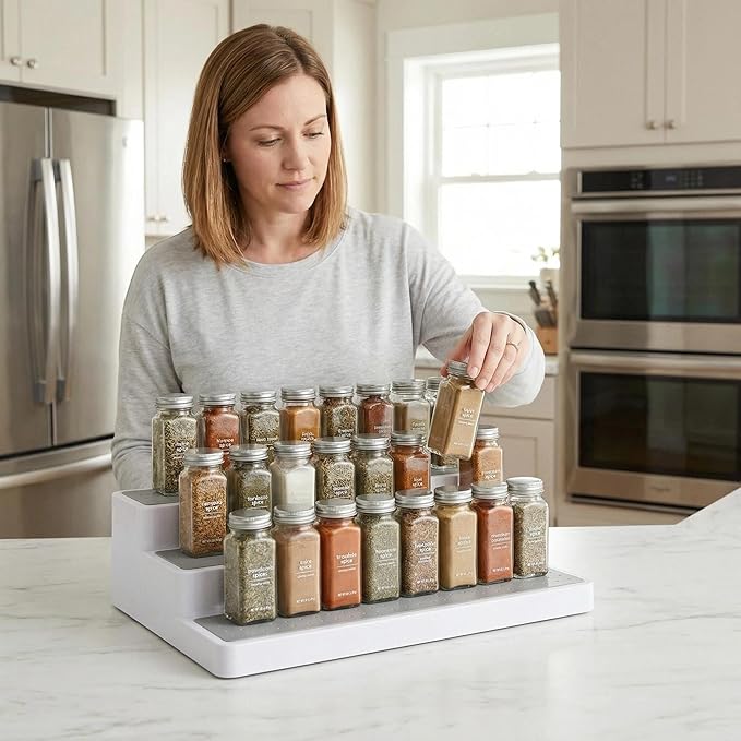 YAN & HIN 3 Tier Spice Rack Organizer for Cabinet, Non-Slip Spice Organizer Shelf for Kitchen Countertop & Pantry, Holds 24+ Jars, Plastic Seasoning Organizer (3 Pack)