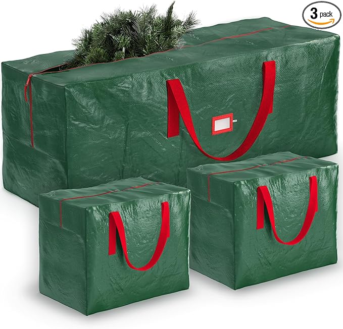 ZOBER Christmas Tree Storage Bag - With 2 Ornaments Accessories/Garland Bags - Fits 9 Ft Trees - Plastic, Waterproof Christmas Tree Bag For Storage Box For Xmas - Strong, Durable Handles - Green