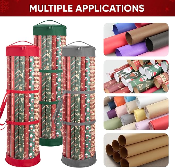 BALEINE Christmas Wrapping Paper Organizer Storage, 41" Gift Wrapping Paper Storage Containers, Clear PVC with Durable 600D Oxford Fabric Gift Wrap Paper Holder Fits 18-25 Rolls, Green