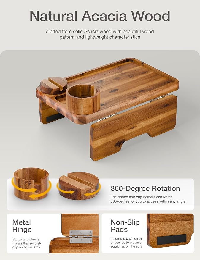 HOLANA Acacia Wood Couch Arm Tray, 15.74”x9.8” Arm Table for Couch - Couch Cup Holder Tray with Rotated Phone Holder, Cup Holder - Clip on Sofa Armchair Caddy with Non-Slip Pad (Acacia)