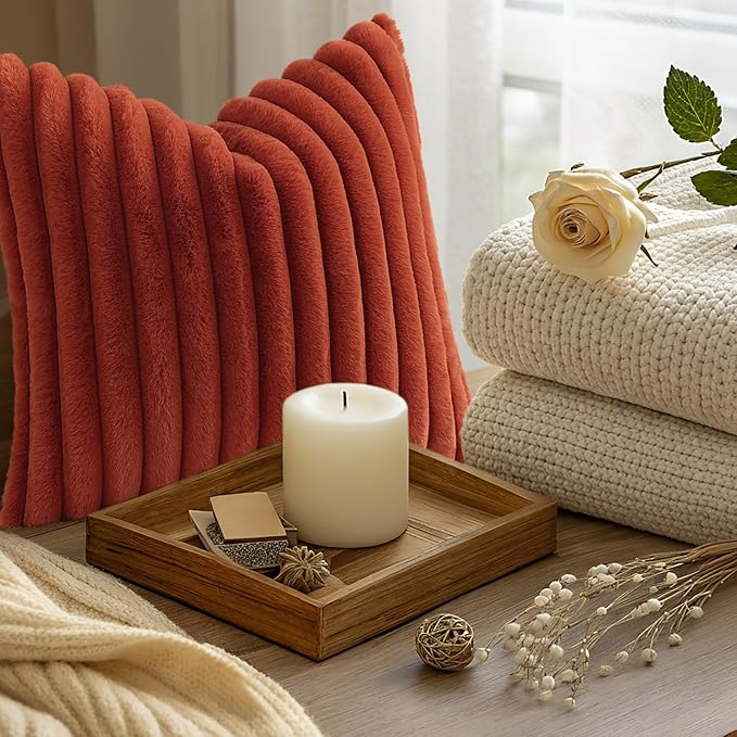 decorUhome Cozy Faux Fur Throw Pillow Covers 18x18 Set of 2 Decorative Soft Plush Striped Modern Farmhouse Boho Couch Pillow Cases with Velvet Back for Sofa Bed Living Room, Rust