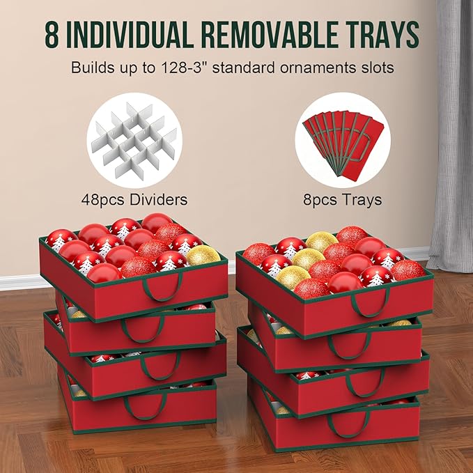 Christmas Ornament Storage Box Store 128 Ornaments, Xmas Ornament Organizer Storage box with Dual Zipper Closure and Adjustable Dividers, Large Holiday Decorations Containers with 8 Individual Trays