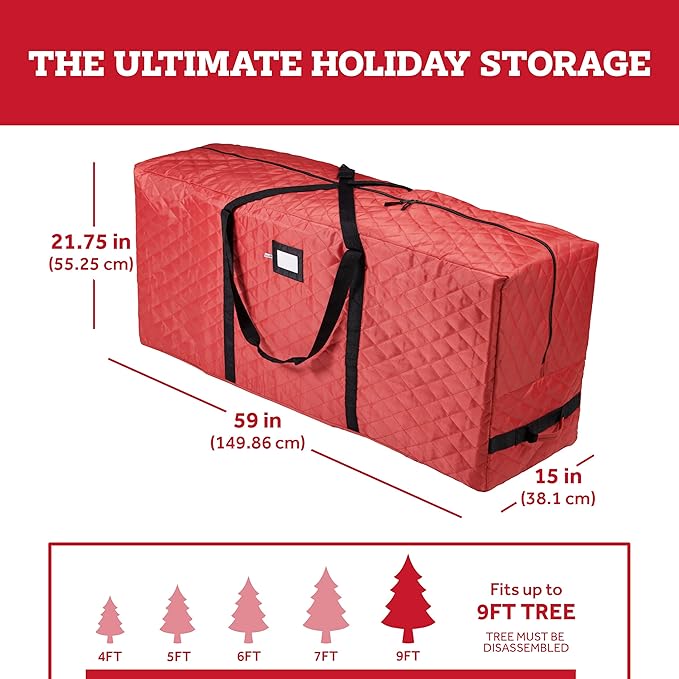 Zober Christmas Tree Storage Bag 9 Ft - Artificial Disassembled Christmas Tree Storage - 2 Zipper, Durable Straps & Handles - XMas Tree Bag Made From Tear Proof 600D Oxford - Red Diamond Quilt