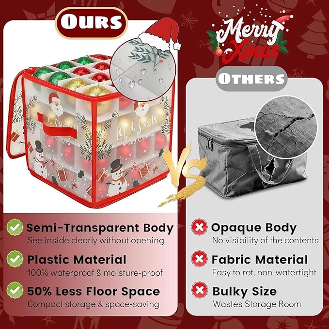 Ornament Boxes - Zippered Organizer Bins with Dividers, Christmas Storage Box with Lid and Handle, Sturdy Fabric Material, Premium Holiday Storage Accessory, Perfect for Home Basement Garage Closet
