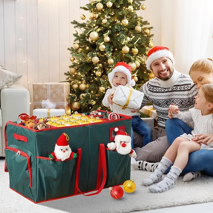 Christmas Ornament Storage Box,2-in-1 Christmas ornament organizer&Christmas Figurine Container,5 Trays,6 Adjustable Christmas Figurine Storage Grids,Green