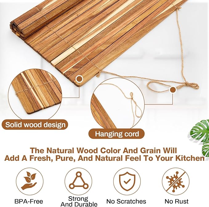 Maxdot Wooden Dish Drying Rack, 20.5 x 16 Inch Roll up Kitchen Over Sink Dish Drying Rack for Dishes, Plates, Bowls, Wooden Cover Counter Space, Crack Resistant Drainer, Kitchen Supplies
