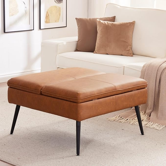 Square Ottoman with Storage, Large Oversized Ottoman Coffee Table, Double Flipping Lid & Mid-Century Modern & Faux Leather Style, Loads 660 lb, for Living Room, Bedroom, Entryway, Cognac Brown