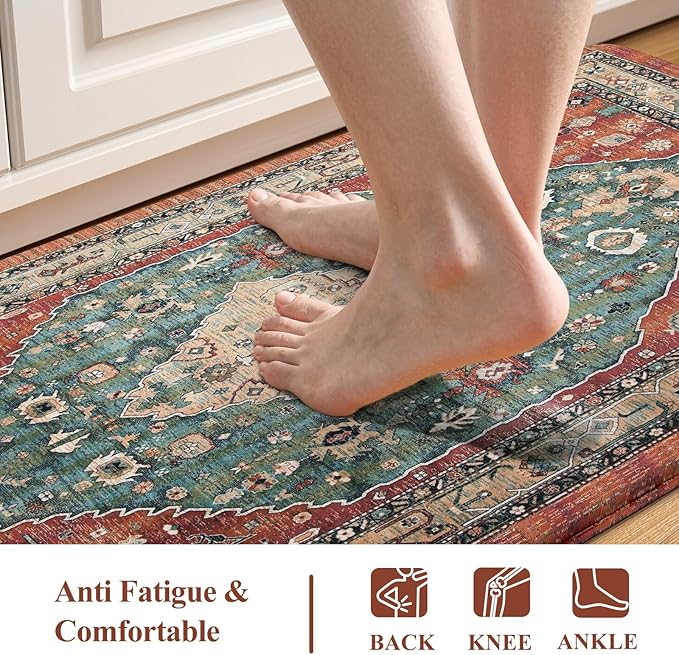 Collive Boho Cushioned Kitchen Mat, Comfort Anti Fatigue Mats for Kitchen Floor, Standing Desk Mat for Kitchen, Office, Laundry, Sink, 17.3”x47” Red Non-Skid Waterproof Kitchen Rugs