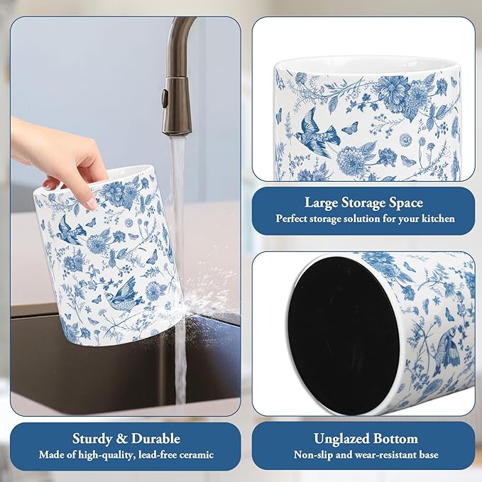 Whaline Blue Floral Ceramic Utensil Holder Vintage Chinoiserie Flower Bird Utensil Crock for Home Kitchen Countertop Storage Organizer Container