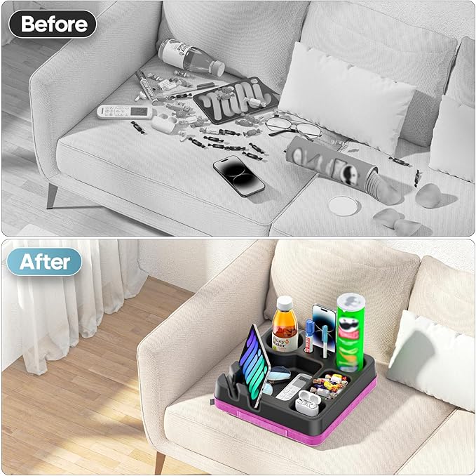 Couch Cup Holder Tray Couch Cup Holder Pillow Bed Tray Snack Sofa Bed Caddy Organizer Beach Sofa Drink Holder Anti-Spill Portable Snack Caddy Couch Remote Holder for Phone Pad Kindle Beverage Purple