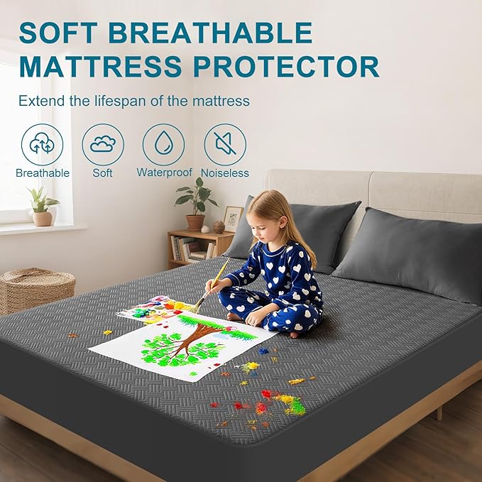 GOPOONY Waterproof Mattress Protector King Size - Breathable, Noiseless, Ultra-Soft Bed Cover, Mattress Pad Cover with Deep Stretchable Pockets 8"-21" (Gray)