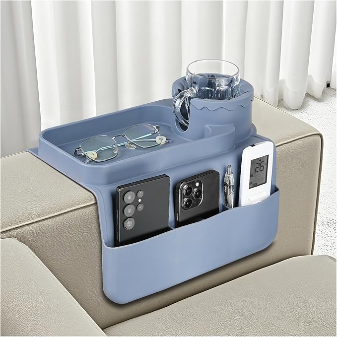 Silicone Couch Cup Holder Tray, Dirt-Resistant Silicone Couch Arm Tray for Remote, Anti-Spill Cup Holder and Anti-Slip Sofa Caddy for Snacks, Cellphone and iPad (Light Gray)