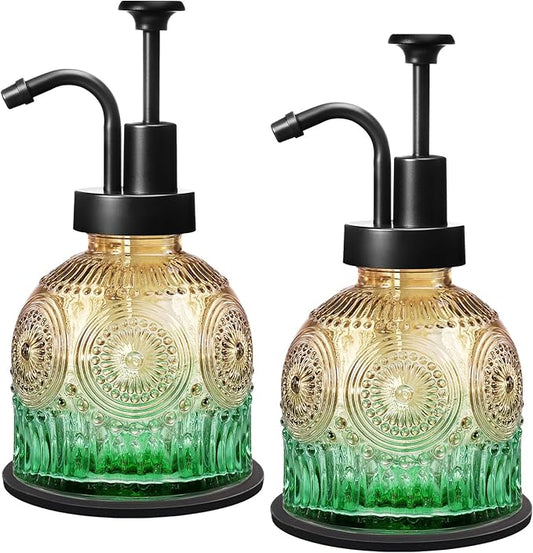 Amolliar 8 Oz Vintage Glass Bathroom Soap Dispensers with Pump, 2 Pack Refillable Kitchen Dish Soap Dispenser with Stripe, Antique Rustic Hand Soap Liquid Bottle (Green Gradient-Black Pump)