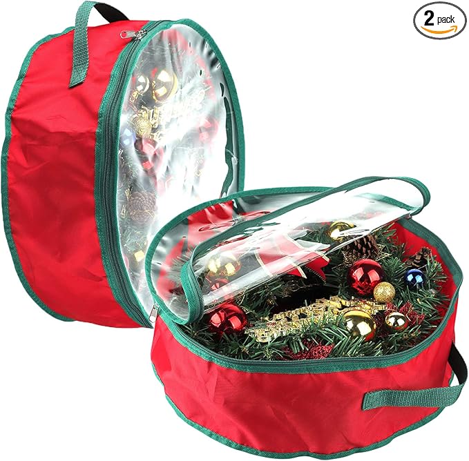 TITA-DONG 2Pcs Christmas Wreath Storage Bag,Portable Artificial Wreaths Organizer Container with Dual Zippered Transparent Window & Handles 20 Inch (20inch/2pcs)
