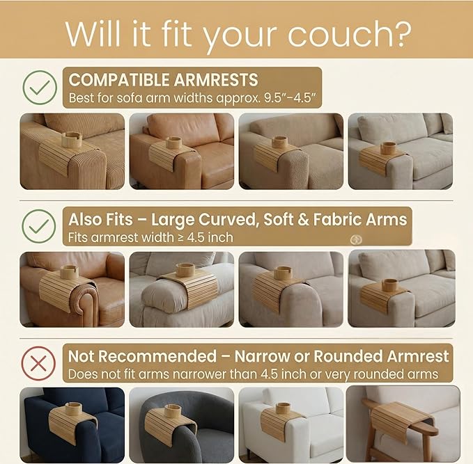 Bamboo Couch Arm Tray for Drinks and Snacks with Detachable Cup Holder and Anti Slip Base, Foldable Sofa Arm Tray for Convenient Couch Side Use