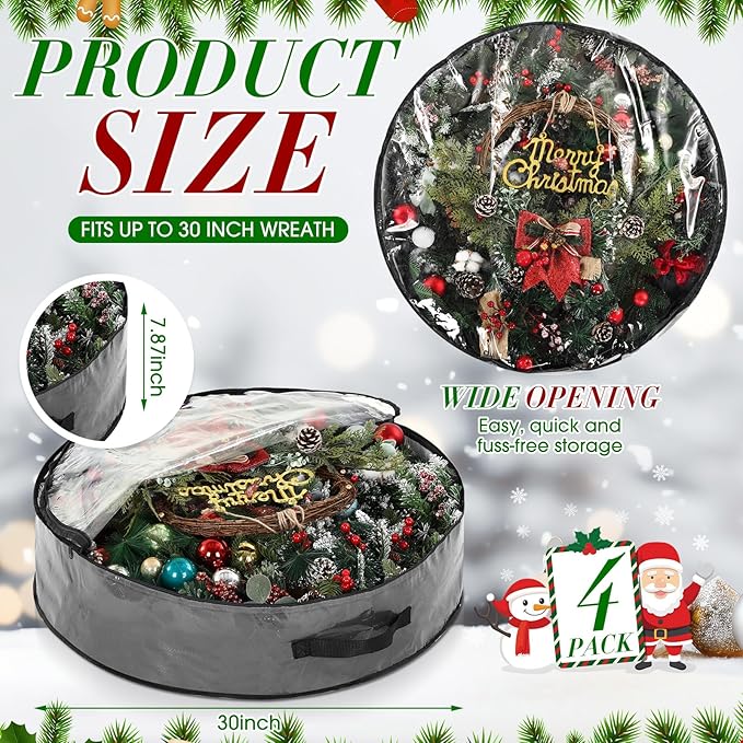 Aliceset 4 Pack Wreath Storage Containers, Ornament Garland Wreath Storage Bags with Handle Zipper Decorative Storages Box for Winter Valentine Wreaths(30 x 30 x 7.8 Inch,Gray)