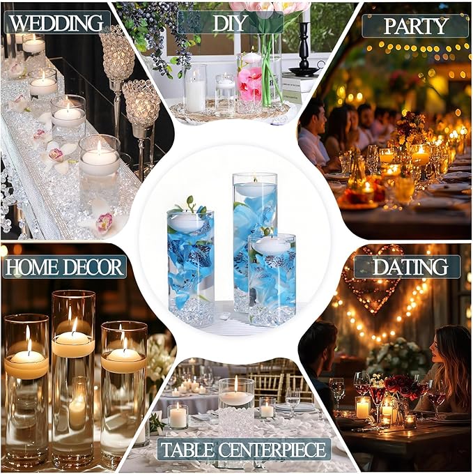 24 Pcs Floating Candles 12 Glass Vases for Centerpieces with 400 Acrylic Fake Ice Cubes 6 Pearl String Vase Filler Floating Candle Centerpieces for Tables Party Event Wedding Home Decor