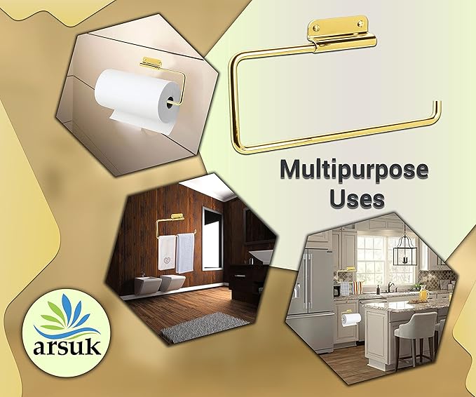 ARSUK Stainless Steel Paper Towel Holder – Wall Mounted or Under Cabinet – Rustproof Kitchen Roll Organizer for RV, Bathroom, Garage – Screws Included – 11.4 x 4.7 inch (Brass)