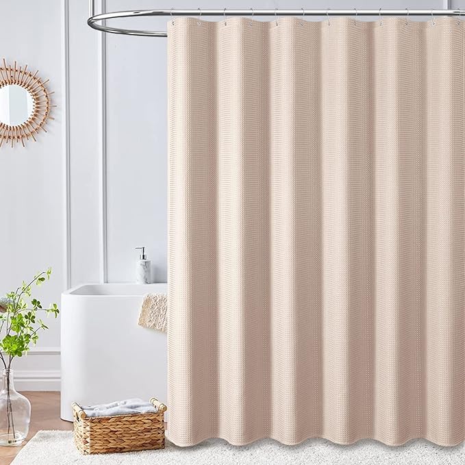 Dynamene Stall Fabric Shower Curtain - 54x78 inch Long Waffle Weave Weighted Thick Cloth Shower Curtains for Bathroom, Heavy Duty Hotel Spa Luxury Bath Curtain Set with 10 Plastic Hooks, Rose