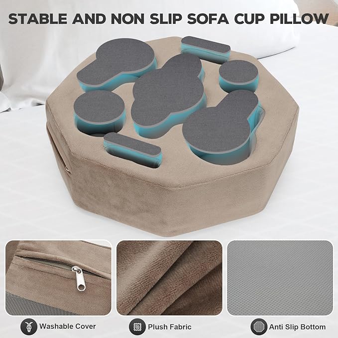 Couch Cup Holder Pillow, Octagon Caddy for Coffee, Phone, Remote - Drink Holder Tray for Bed, Car, Sofa, Table