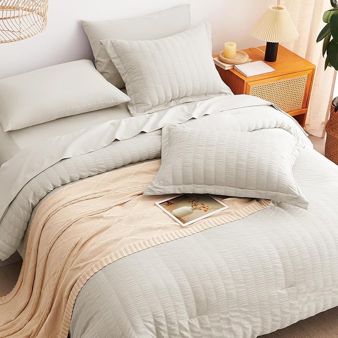 CozyLux Twin Comforter Set with Sheets 5 Pieces, Beige Seersucker Textured Bed in a Bag for Bedroom, Luxury Soft Bedding Sets with Down Alternative Comforter, Sheets, Pillowcase & Sham for All Seasons