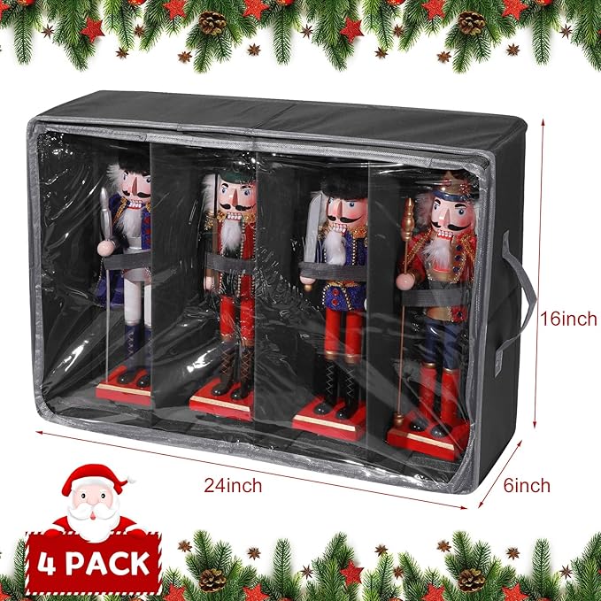 Preboun 4 Pack Clear Top Nutcracker Storage Containers - Christmas Figurine Storage Box, Each Holds 4 Figurines up to 16 Inches (Black)