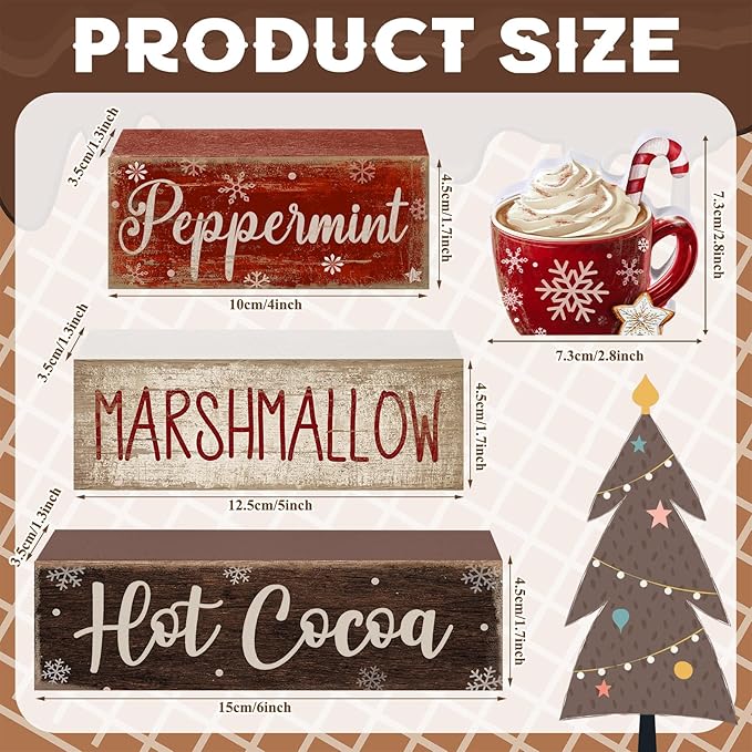 Moucuny 4 Pcs Christmas Table Decor Wooden Hot Cocoa Decoration Christmas Centerpiece Winter Tiered Tray Decor Decorative Red Hot Cocoa Block Signs Farmhouse Xmas Decoration for Home