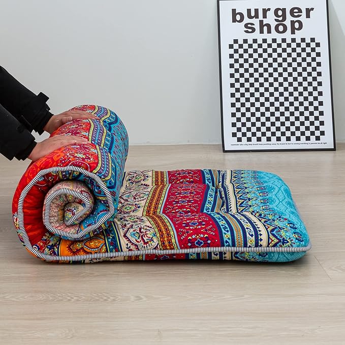 MAXYOYO Bohemian Floor Cot Mattress, Japanese Floor Mattress Narrow Twin Futon Single Mat for Adults, Foldable Futon Roll Up Mat for Camping