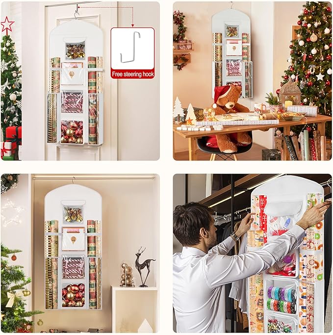 Woodoulogy Hanging Gift Wrapping Paper Storage, 40"X17" White Double-Sided Christmas Wrapper Bag Container, Oxford Craft Roll Organizer, Present Wrap Holder for Bedroom Closet, Door, Cabinet