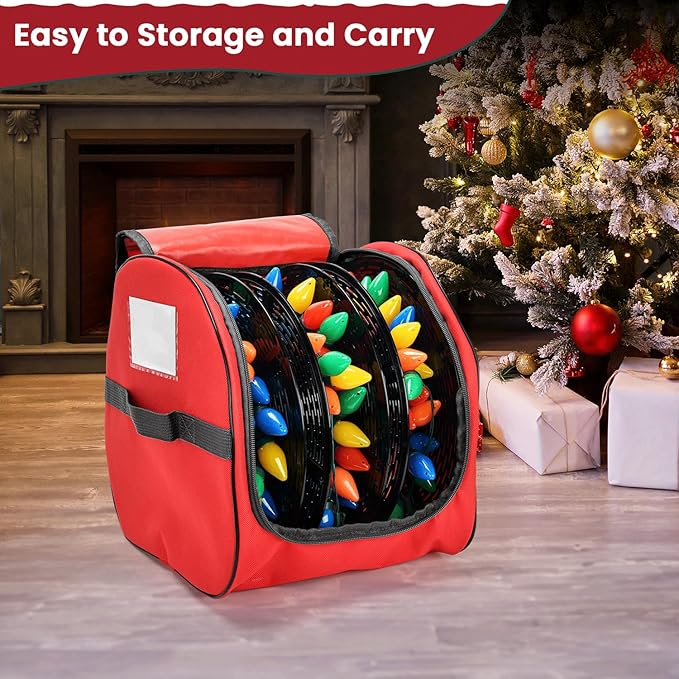 Keten Christmas Light Storage Bag, 600D Oxford Fabric Christmas Light Organizer with Reinforced Handles, 3 Reels Included to Hold 375ft Mini Christmas, Tree Lights & Extension Cords-Red