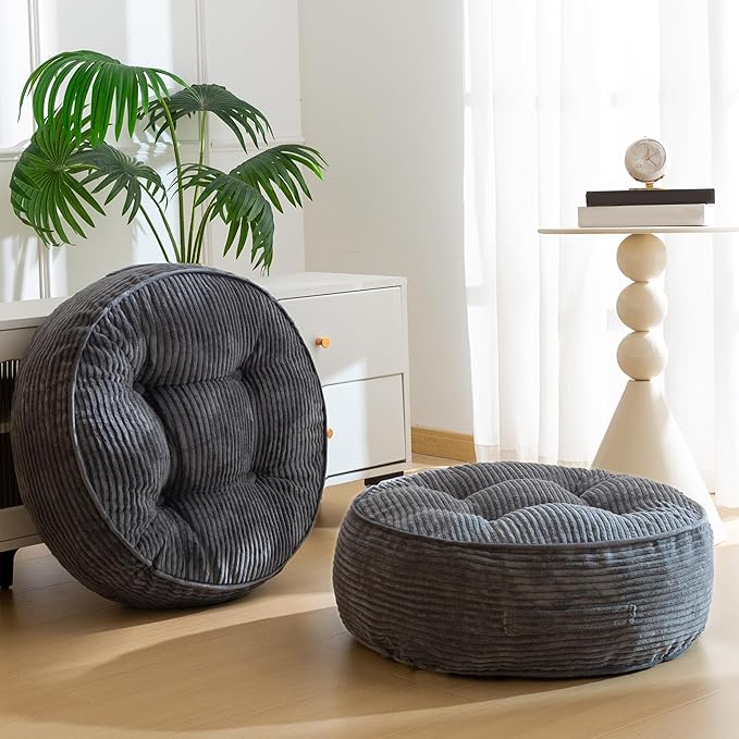 HIGOGOGO 8" Extra Thick Floor Pillow Cushion for Adults, Meditation Cushion Pillow, Large Round Floor Sitting, Tufted Corduroy Cover, for Tatami Living Room or Yoga, 22x22 Inch, 2Pack, Dark Grey
