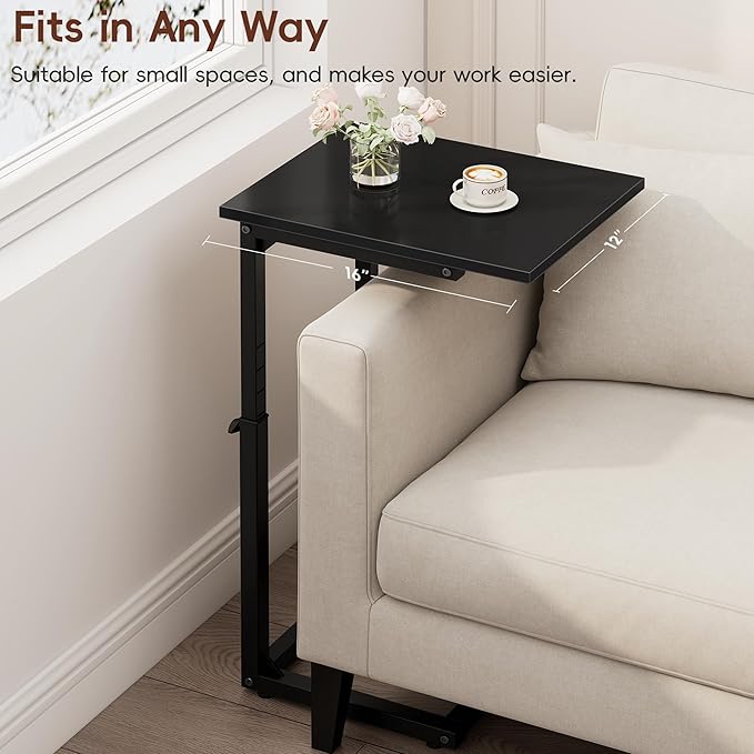 Vagusicc C Shaped End Table, 33" Tall Side Table for Couch, Small C-Table End Table Adjustable Height Couch Side Table, Couch Table Slide Under Sofa Table TV Tray Table for Living Room,Bedroom,Black