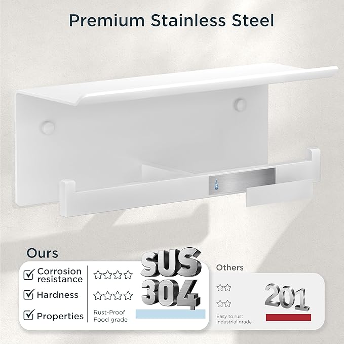 FORIOUS Toilet Paper Holder with Shelf, 304 Stainless Steel Wall Mount Commercial Toilet Paper Dispenser, Double Tissue Roll Holder for Bathroom (White)