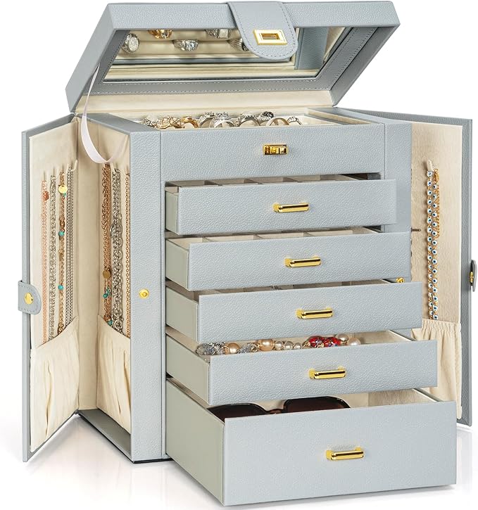 AKOZLIN Large Jewelry Box Organizer Functional with Big Mirror, Leather Jewelry Storage Case for Women Girls Ring Necklace Earring Bracelet Holder Organizer Grey