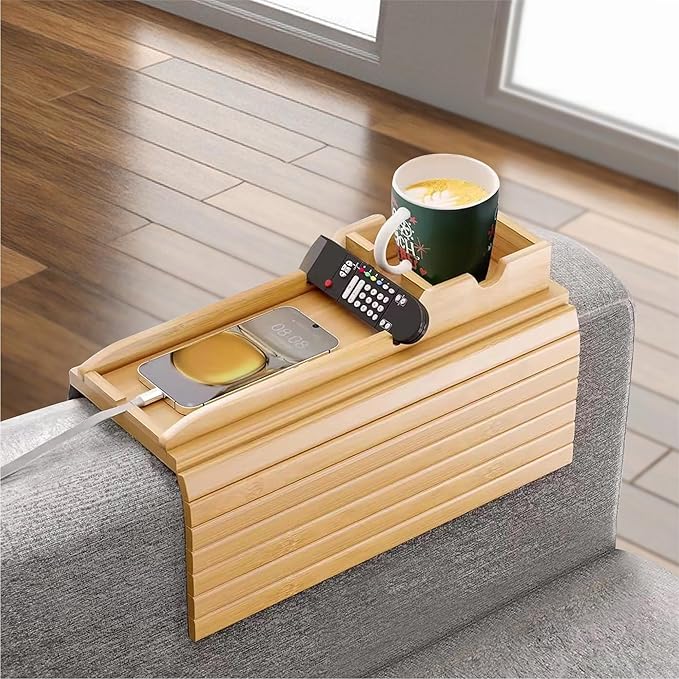 Bamboo Couch Cup Holder Tray, Sofa Arm Tray, Lab Tray with Detachable Design | Anti-Slip Foldable Sofa Armrest Table for Snacks, Drinks, Donuts, Phone & Remote | Anti-Falling Couch Organizer