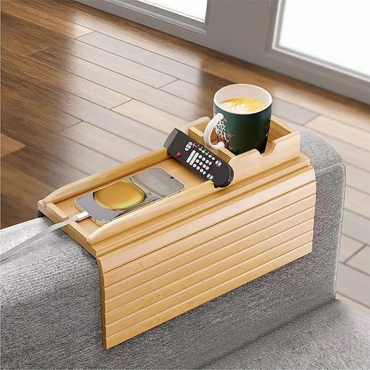Bamboo Couch Cup Holder Tray, Sofa Arm Tray, Lab Tray with Detachable Design | Anti-Slip Foldable Sofa Armrest Table for Snacks, Drinks, Donuts, Phone & Remote | Anti-Falling Couch Organizer