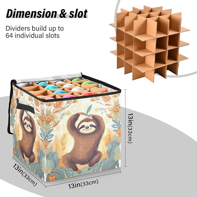 Kigai Sloth Christmas Ornament Storage Box with Zipper & Adjustable Dividers Holiday Ornament Organizer Xmas Storage Container, 64 Balls