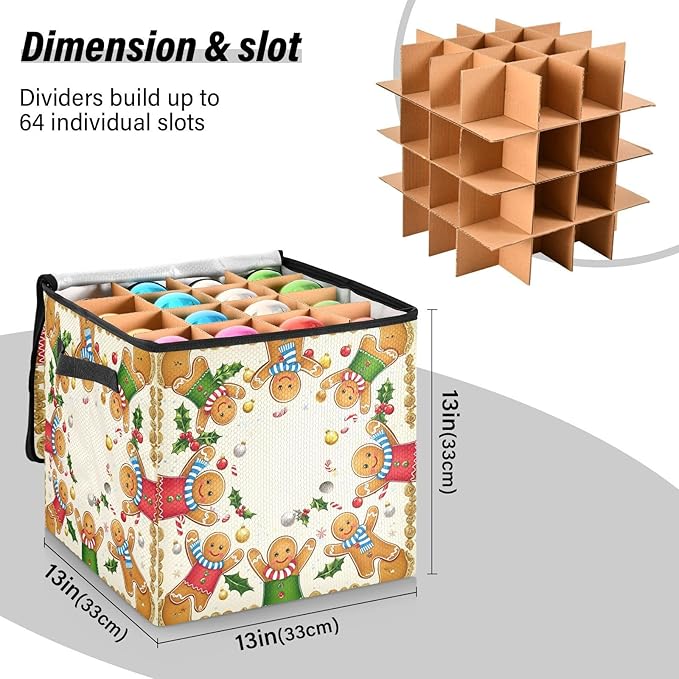 Gingerbread Man Red Christmas Ornament Storage Basket Box Winter Xmas Bells Holiday Storage Container Cube with Adjustable Dividers for 64 Holiday Ornaments or Decorations Keeps Clean and Dry