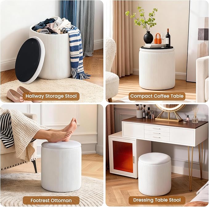 Vanity Stool Set of 2 - Round Storage Ottoman with Lid, Velvet Footrest Pouf for Makeup Room & Living Room, Multi-Use Small Chair with Hidden Storage（White）