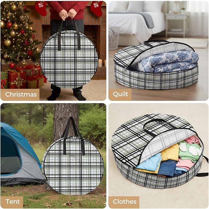 Storage Bag Sage Green Buffalo Plaid Round Storage Totes Bins Closet Organizers with Zippers & Handle Black Check Stripe Clothes Storage Container for Bedroom Dorm Space Saving Packing Supplies Bags