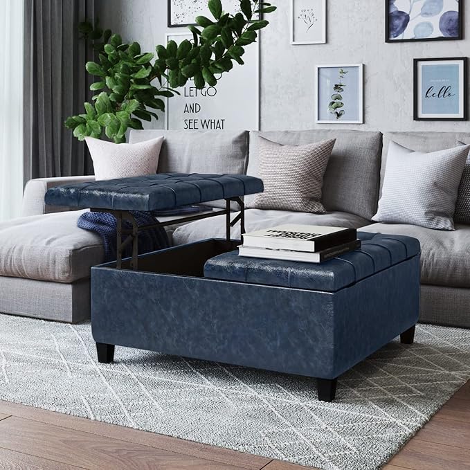 SIMPLIHOME Harrison Coffee Table Storage Ottoman - 36 inch Wide Upholstered Vegan Leather Square Lift-Top Ottoman in Denim Blue, Transitional Ottoman for Living Room with Hidden Storage
