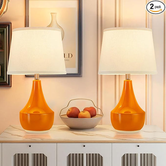GyroVu 18" Table Lamp Set of 2, Ceramic Lamp Classic Beside Lamps Nightstand Lamp Modern Table Lamp for Living Room, Bedroom & Office Rocker Swtich Orange-LED Bulbs Included