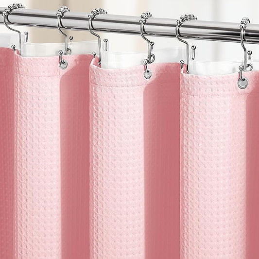 Dynamene Extra Long Shower Curtain and Liner Set - 96 inch Tall Waffle Fabric, Waterproof Clear Liner, Heavy Duty Weighted Hotel Luxury Cloth Shower Curtains for Bathroom with 12 Hooks, 72x96, Pink