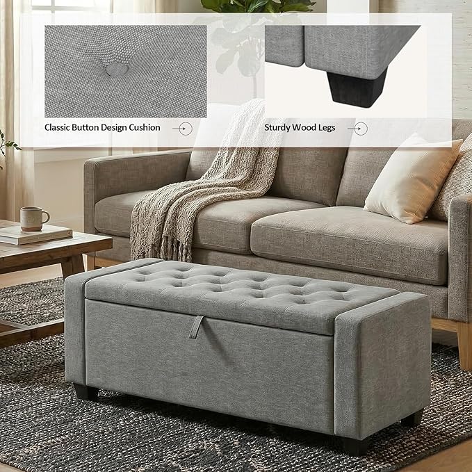 Storage Ottoman Bench, 50" End of Bed Bench with Legs,Storage Chest with Safety Hinge, Modern Entryway Benchs for Living Room, Bedroom, Entryway, Gray