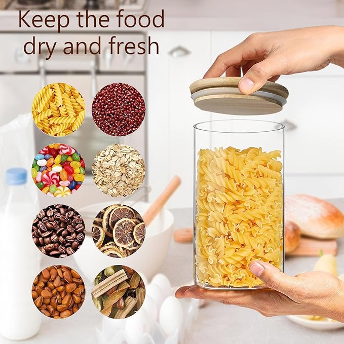 VIEWELLD 1.5 Qt Round Glass Storage Containers with Lids, Clear Food Storage Container Jar with Sealing Bamboo Lid for Noodles Flour Cereal Rice Sugar Tea Coffee Beans, Round Set of 3